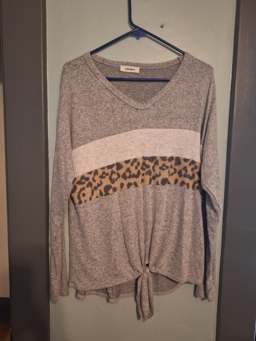 Adora Gray Leopard-Stripe V-Neck Knit Top with Front Tie